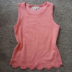 LOFT Coral Sleeveless Tank Top with Laser Cut Eyelet Scallop Hem